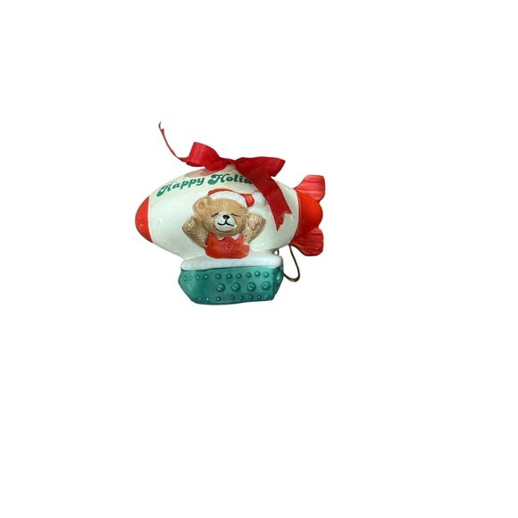 Vintage Christmas Ornament Blimp Teddy Bear Happy Holidays Red Green Retro Cute - Picture 9 of 14